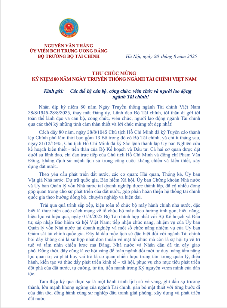 Bộ trưởng Bộ Tài chính Nguyễn Văn Thắng gửi Thư Chúc mừng kỷ niệm 80 năm ngày truyền thống ngành Tài chính